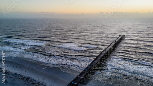 Aerial view of sunrise at Jacksonville Beach pier in Jacksonville Beach Florida USA