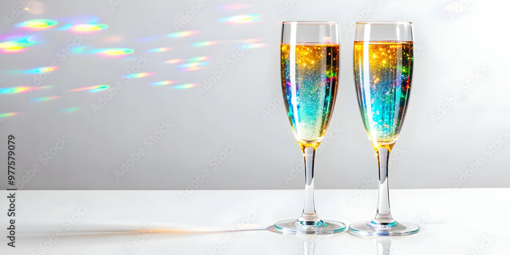 Wide Shot of Two Flat Holographic Champagne Flutes Filled with Glowing Effervescent Liquid on White Background - Sparkling Vector Illustration for Elegant Celebrations Wide Shot of Two Flat Holographic Champagne Flutes Filled with Glowing Effervescent Liquid on White Background - Sparkling Vector Illustration for Elegant Celebrations