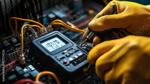 Hands of an electrician holding a multimeter, testing electrical components on a panel, safety gloves and precision tools in use.