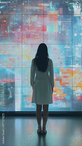 Woman Standing in Front of a Large Digital Screen with Colorful Data.