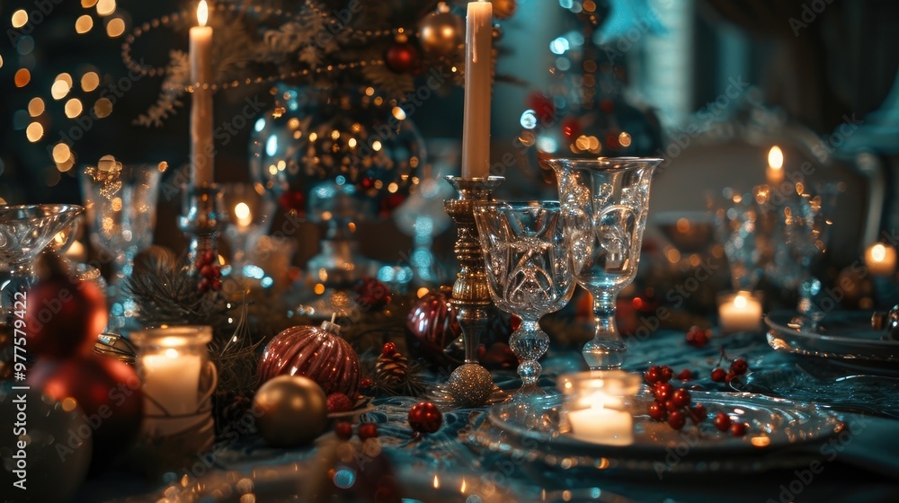 An elegant Christmas table setting with candles, crystal glasses, and festive centerpieces An elegant Christmas table setting with candles, crystal glasses, and festive centerpieces