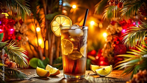 Vibrant Long Island Iced Tea with lemon slices in a festive tropical setting