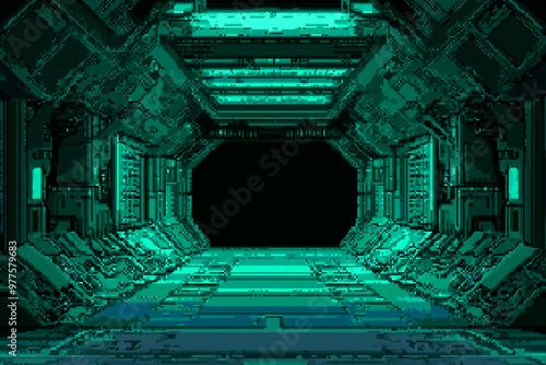 Fototapeta Naklejka Na Ścianę i Meble -  8-bit pixel art of a game screenshot depicting the interior of an alien space station