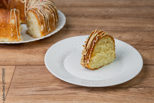 sweet Muscocho cake in plate on table