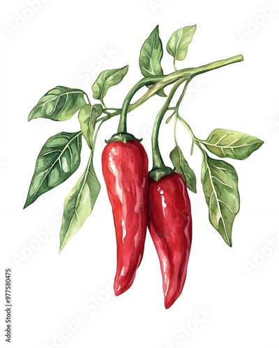 Two red chili peppers hang from a branch with green leaves, a watercolor illustration.