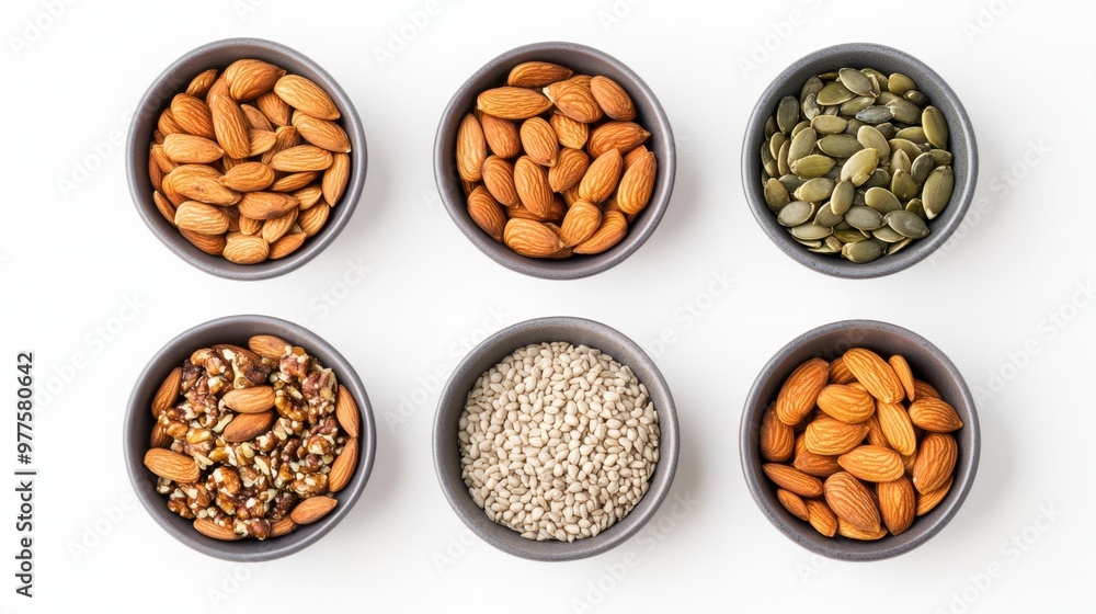 A variety of nuts and seeds in small bowls, including almonds, walnuts, pumpkin seeds, and sunflower seeds. A variety of nuts and seeds in small bowls, including almonds, walnuts, pumpkin seeds, and sunflower seeds.