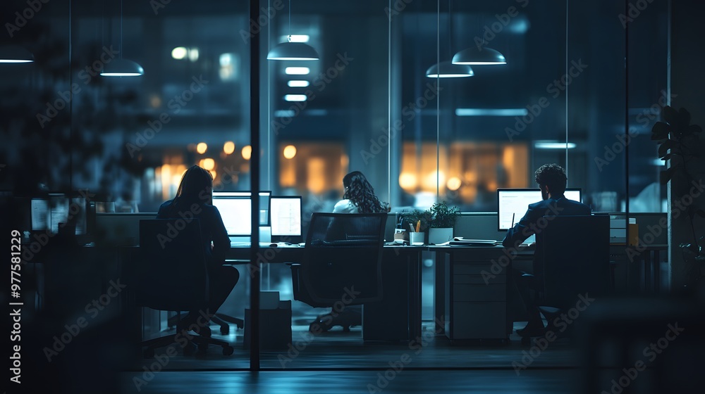 Three People Working Late in a Modern Office Three People Working Late in a Modern Office