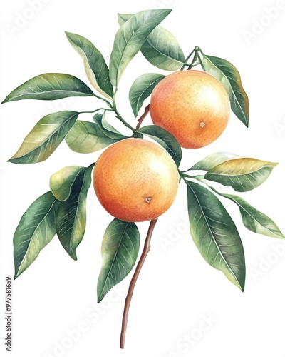 Two ripe oranges hang on a branch with lush green leaves, creating a vibrant and juicy image.
