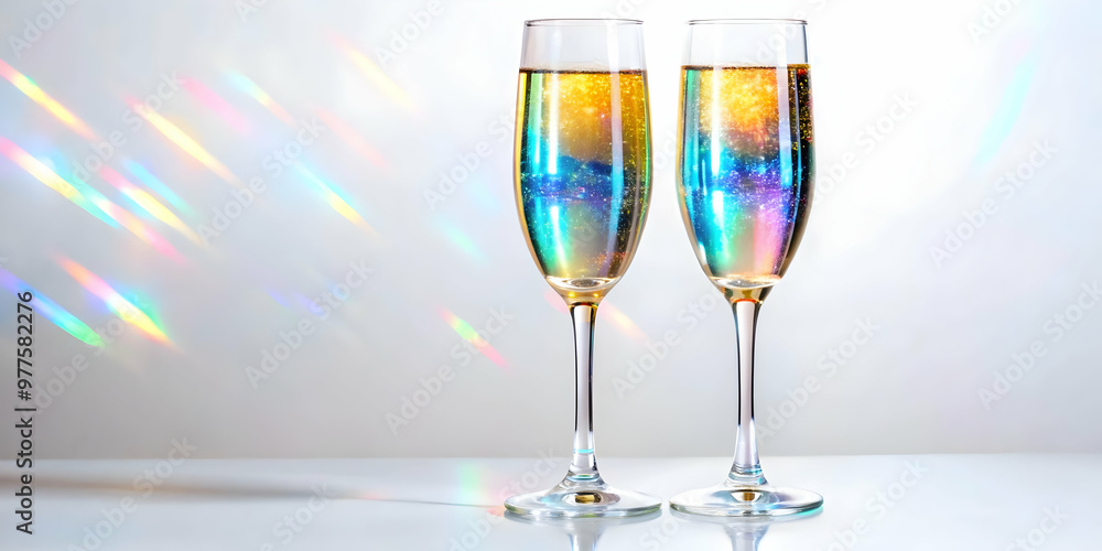 Stunning Wide Shot of Holographic Champagne Flutes Filled with Glowing Effervescent Liquid on White Background - Perfect for Photo Stock Concept Stunning Wide Shot of Holographic Champagne Flutes Filled with Glowing Effervescent Liquid on White Background - Perfect for Photo Stock Concept