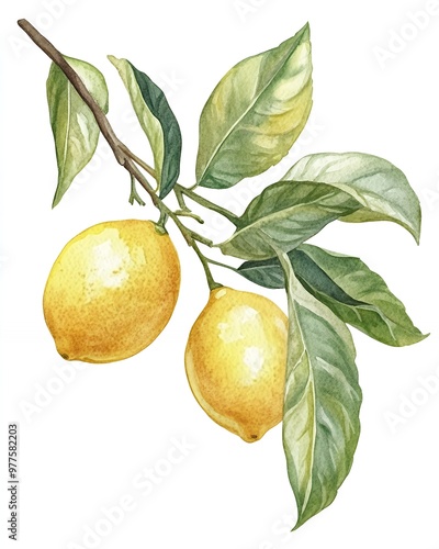Two ripe lemons hang from a branch, their yellow skin gleaming against the green leaves. Watercolor illustration.