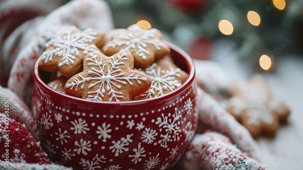 Fototapeta premium Holiday gingerbread cookies in a festive red and white jar