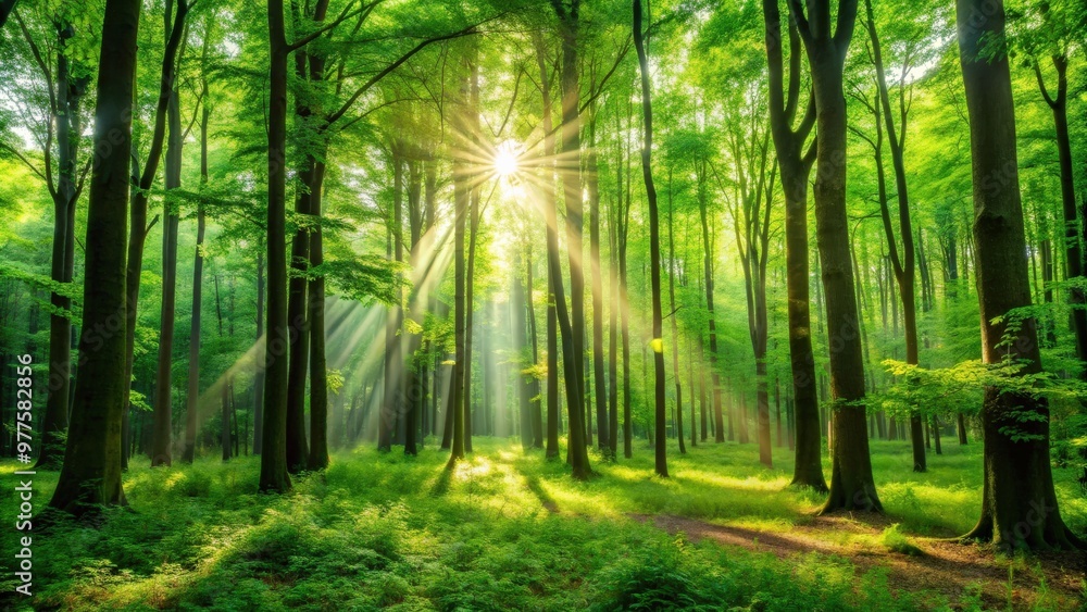 Fototapeta premium Lush green forest with tall trees, vibrant foliage, and dappled sunlight