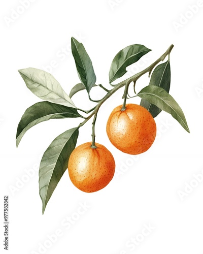 Two juicy oranges hang from a branch with lush green leaves,  a vibrant watercolor illustration.