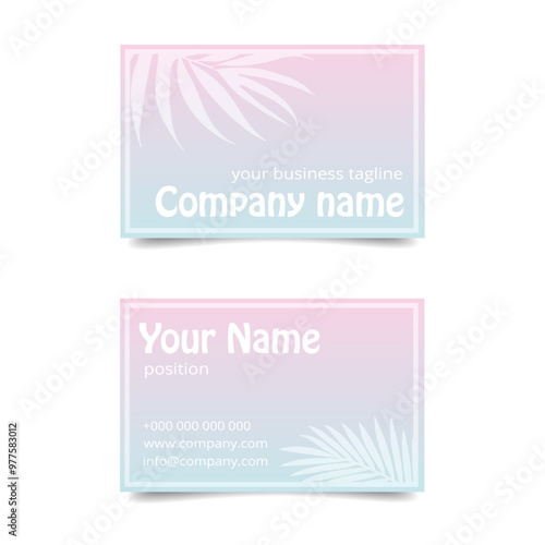 Abstract business card template with  palm leaves and gradient. Blue, pink and wite colors. Vector illustration.