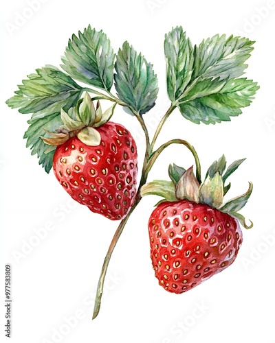 Two juicy red strawberries on a vine with green leaves, watercolor illustration.