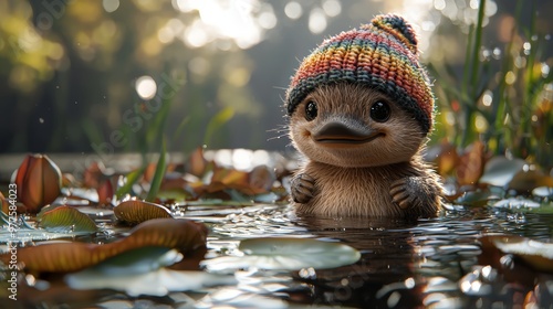 Baby platypus wearing multicolored beanie photo