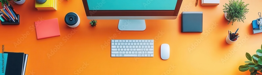 Home office setup flat design top view workspace cartoon drawing Complementary Color Scheme Home office setup flat design top view workspace cartoon drawing Complementary Color Scheme