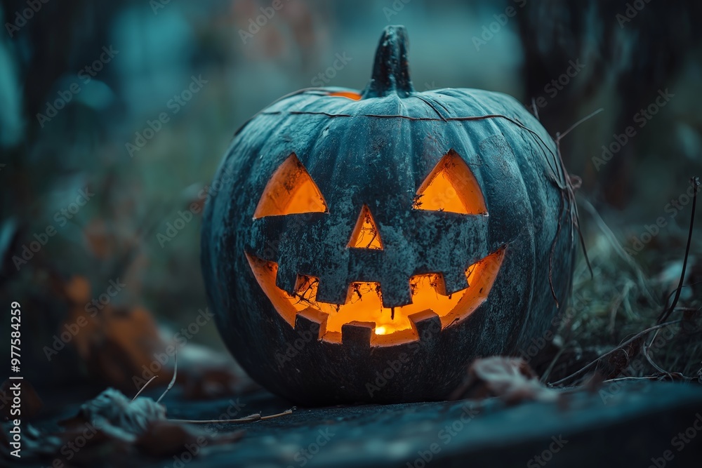 A spooky carved Halloween pumpkin with a glowing candle inside, set in a dark and eerie environment. A spooky carved Halloween pumpkin with a glowing candle inside, set in a dark and eerie environment.