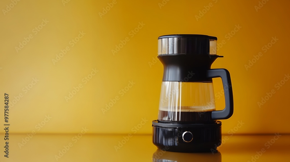 A black coffee maker with a glass carafe sits on a yellow counter top, ready to brew a fresh pot of coffee. A black coffee maker with a glass carafe sits on a yellow counter top, ready to brew a fresh pot of coffee.