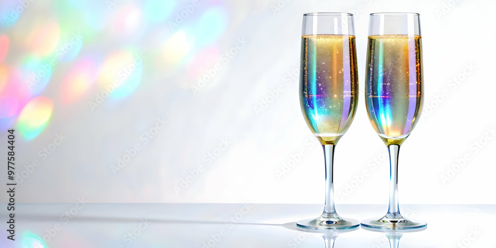 3D Holographic Champagne Flutes: Sparkling Wide Shot of Two Flutes Filled with Glowing Effervescent Liquid on Plain White Background for Elegant Celebration Visuals 3D Holographic Champagne Flutes: Sparkling Wide Shot of Two Flutes Filled with Glowing Effervescent Liquid on Plain White Background for Elegant Celebration Visuals