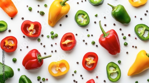 A vibrant arrangement of whole and sliced paprikas on a white background, creating a fresh and colorful look.