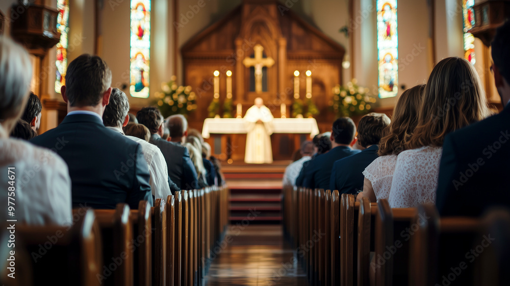A congregation sits attentively during a church service, facing the priest at the altar - concept of faith and religion A congregation sits attentively during a church service, facing the priest at the altar - concept of faith and religion