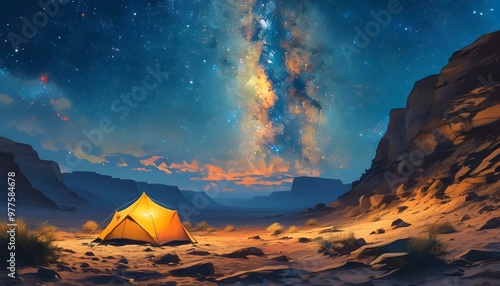 Serene desert landscape with a glowing tent under a vibrant night sky illuminated by the Milky Way, capturing the essence of nature and adventure.