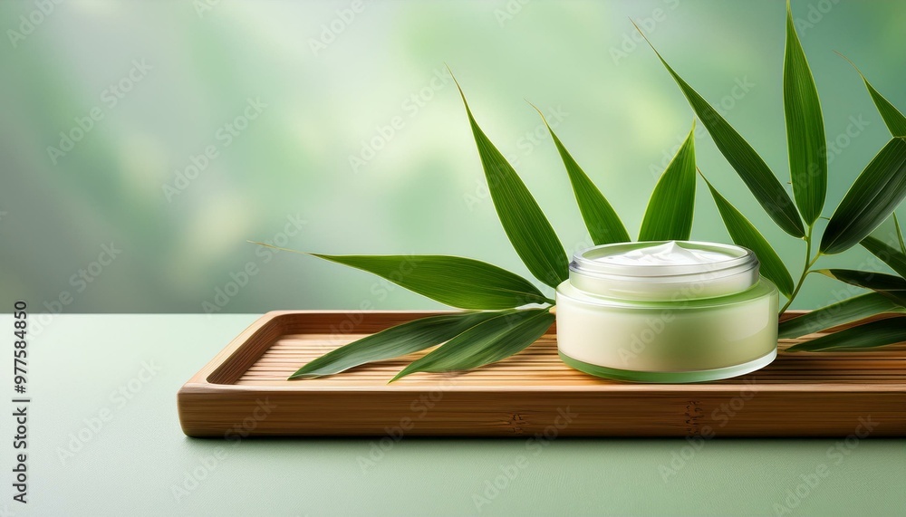 A jar of natural face cream placed on a bamboo tray with green bamboo leaves, evoking a fresh, eco-friendly skincare concept. A jar of natural face cream placed on a bamboo tray with green bamboo leaves, evoking a fresh, eco-friendly skincare concept.