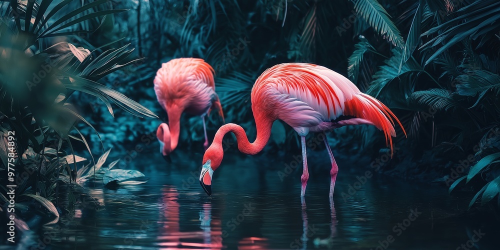 Fototapeta premium Two pink flamingos wade gracefully in a tranquil water body, surrounded by lush vegetation, symbolizing grace and nature's beauty.