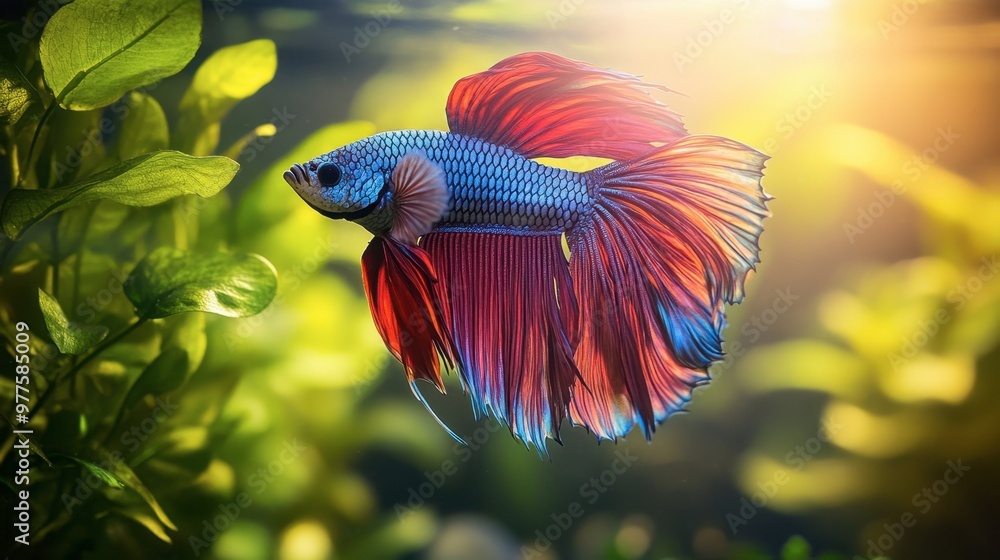 A vibrant betta fish with flowing fins and vivid colors swimming solo in a well-lit aquarium with lush green plants. A vibrant betta fish with flowing fins and vivid colors swimming solo in a well-lit aquarium with lush green plants.