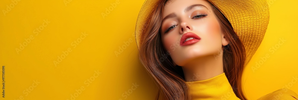 A stylish woman poses with confidence, her lips painted red, against a bright yellow background, wearing a hat. A stylish woman poses with confidence, her lips painted red, against a bright yellow background, wearing a hat.