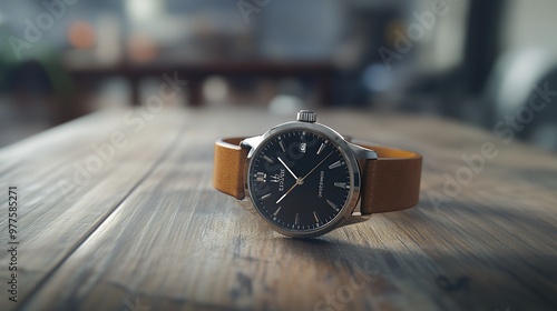 A classic wristwatch with a brown leather band rests on a wooden table. photo