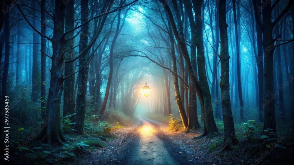 Naklejka premium Mysterious and spooky light illuminating a dark forest path