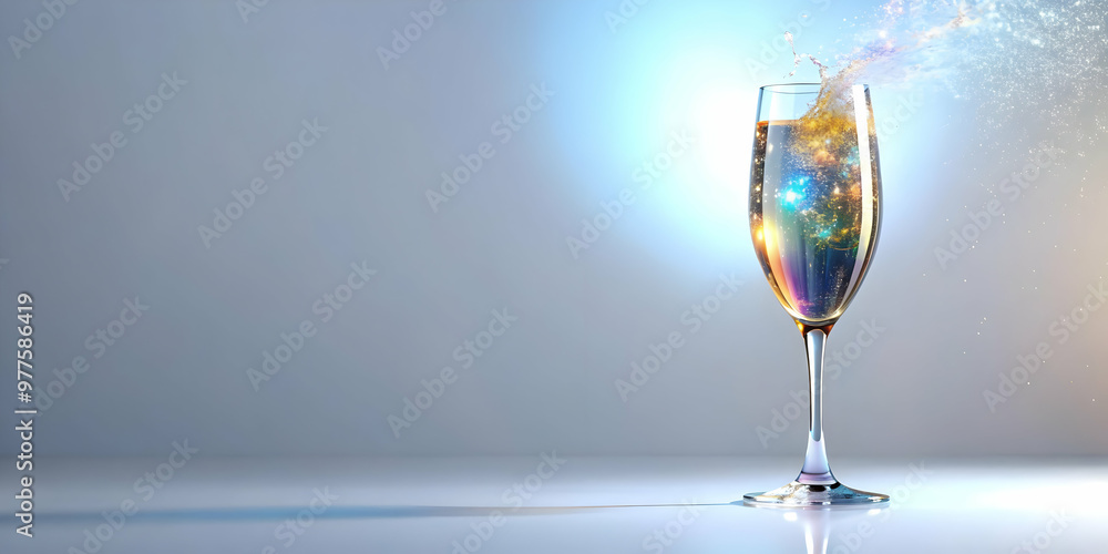 3D Holographic Champagne Flute Splash Concept - Close-Up of Intricate Patterns and Shimmering Liquid Details on White Background with Copy Space 3D Holographic Champagne Flute Splash Concept - Close-Up of Intricate Patterns and Shimmering Liquid Details on White Background with Copy Space