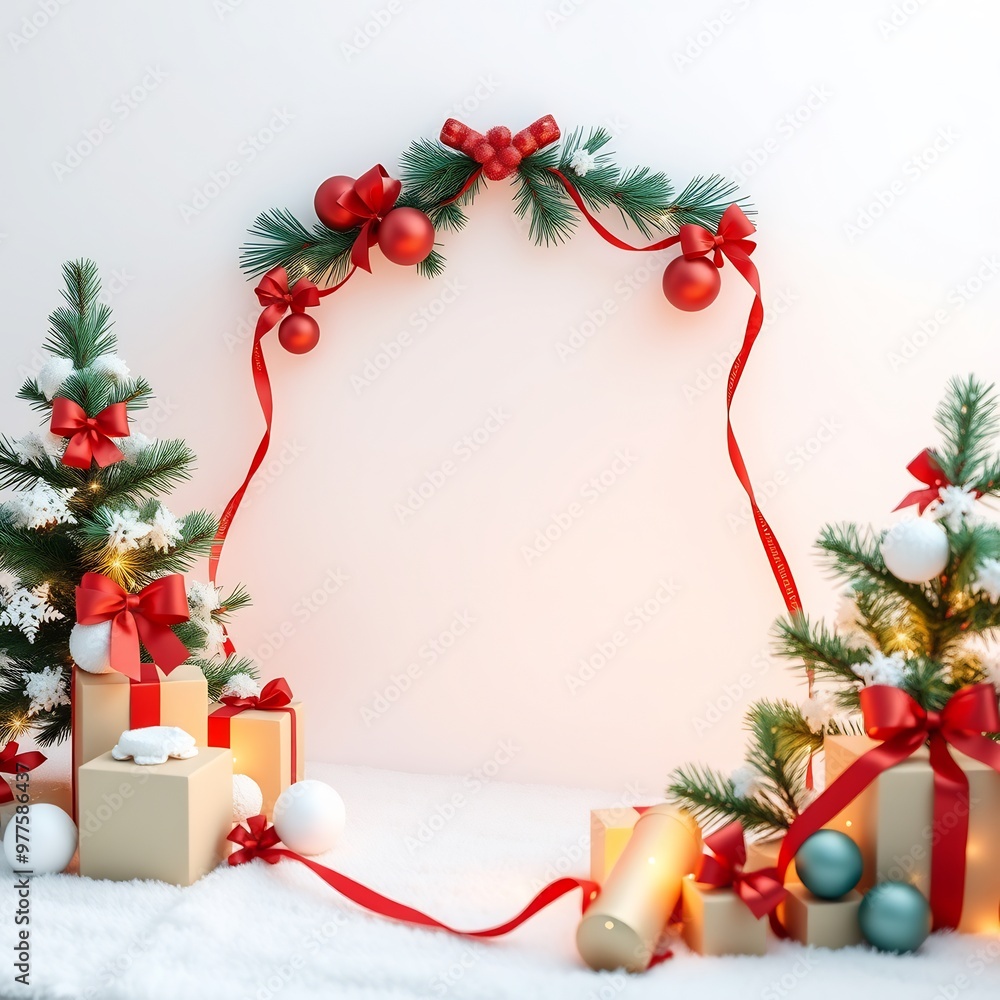 Festive Christmas Decor with Gift Boxes and Evergreen Branches. Festive Christmas Decor with Gift Boxes and Evergreen Branches.