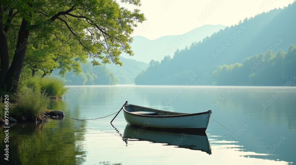 A tranquil rowboat floats on a calm lake, surrounded by lush trees and distant mountains, evoking peace and quiet reflection. A tranquil rowboat floats on a calm lake, surrounded by lush trees and distant mountains, evoking peace and quiet reflection.