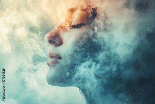 Abstract portrait of a woman's face with smoke and clouds, dreamlike, ethereal, and mystical