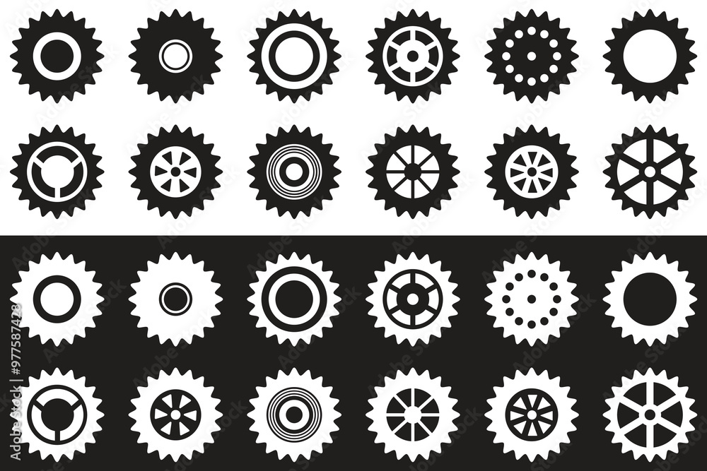 Gears icon set. Setting gears icon. Collection of mechanical cogwheels. Simple Gear wheel collection. Gear icons silhouette. Vector illustration with cogwheels sign set on white and black background.