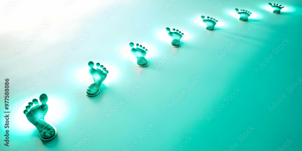 Flat Glossy Teal Background with Glowing Footprints: Symbolizing Equality and Human Rights Journey - Modern Vector Illustration with Copy Space Flat Glossy Teal Background with Glowing Footprints: Symbolizing Equality and Human Rights Journey - Modern Vector Illustration with Copy Space