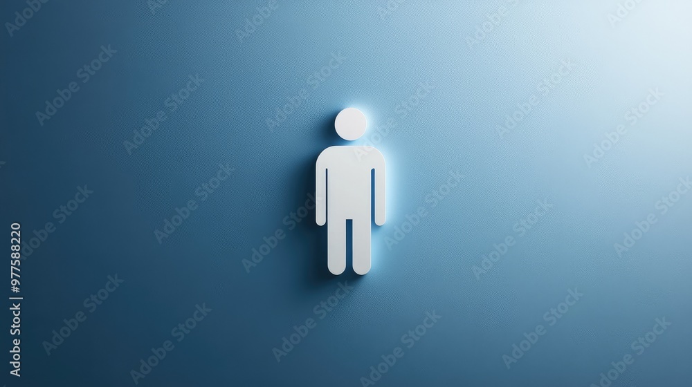 A minimalist menas restroom symbol in white, centered on a solid blue background with soft shadows. Focus on the icon. No people. A minimalist menas restroom symbol in white, centered on a solid blue background with soft shadows. Focus on the icon. No people.