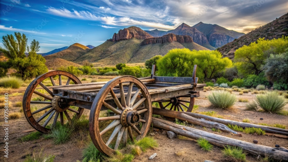 Fototapeta premium Rustic wagon bed and wheel remains from bygone era in Paradise Valley, pioneer relics