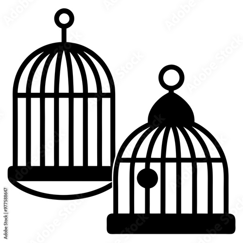 Bird cage vector illustrations in cartoon, clipart, and line art styles for digital print.