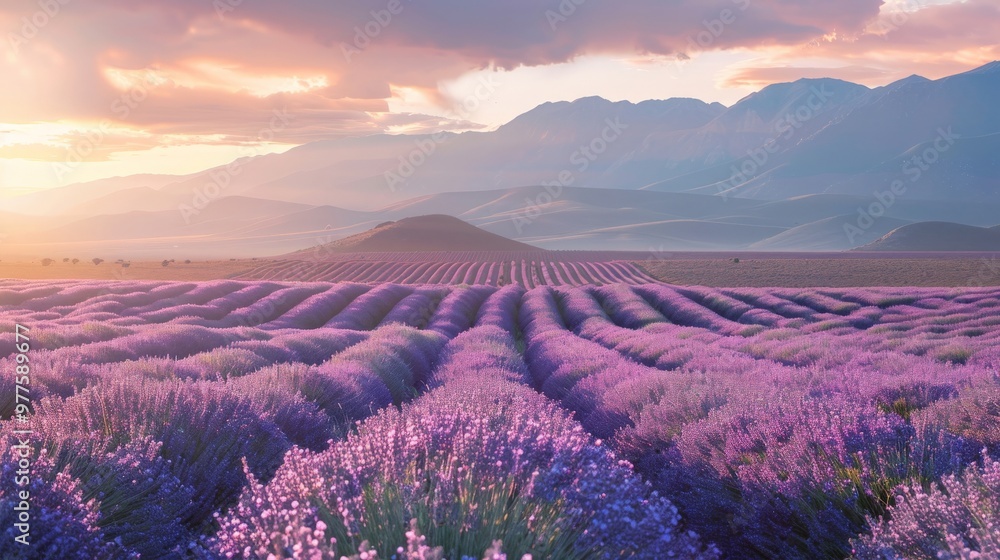 Field of blooming lavender with mountains in the background Field of blooming lavender with mountains in the background