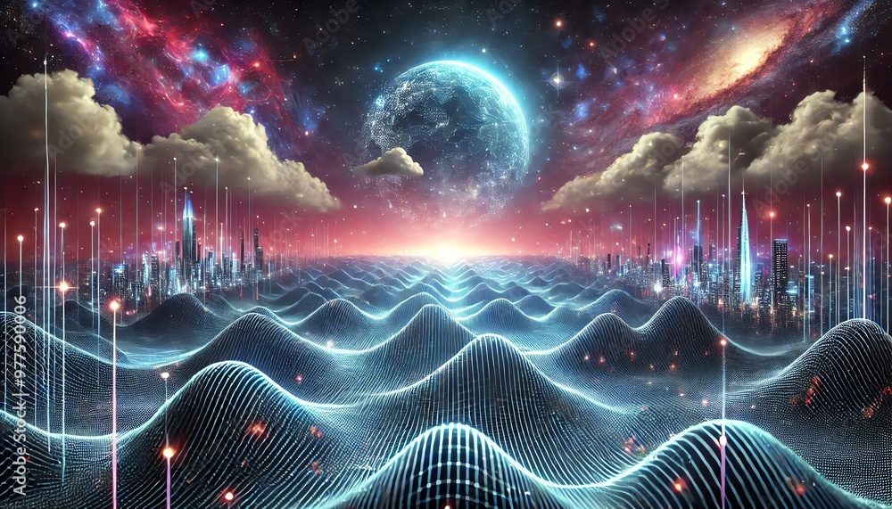 A futuristic and mesmerizing scene featuring a digital or data-like ocean with glowing waves A futuristic and mesmerizing scene featuring a digital or data-like ocean with glowing waves