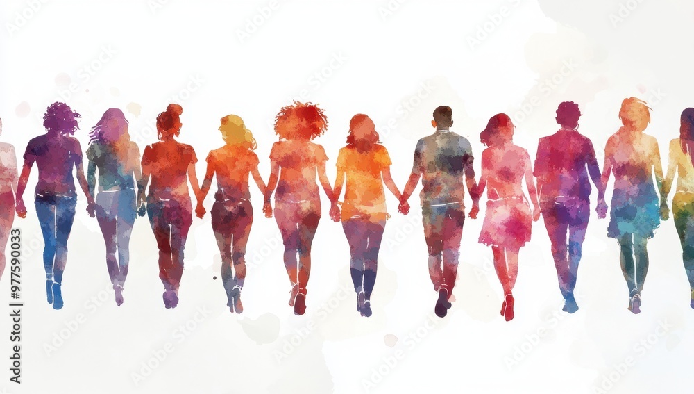 Naklejka premium A group of people holding hands, walking towards the camera, with diverse skin tones, in a watercolor style, against a white background Generative AI