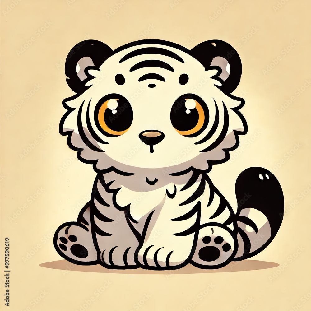An illustration of a white tiger with bold black stripes An illustration of a white tiger with bold black stripes