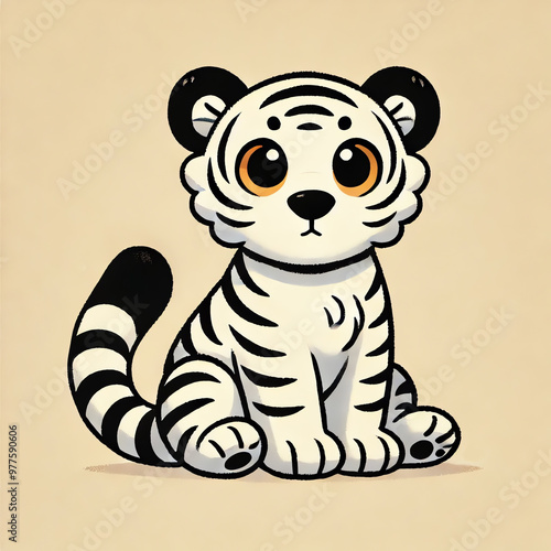 An illustration of a white tiger with bold black stripes