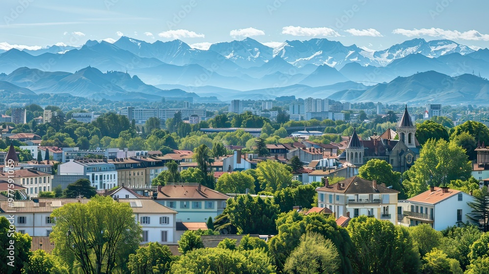 Fototapeta premium Bird's-eye view of Pau, France with a focus on the Pyrenees mountains in the background. 