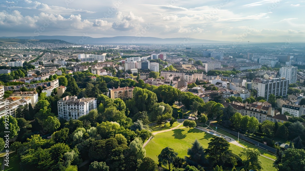 Fototapeta premium Aerial panoramic view of Pau, France showcasing the cityscape and surrounding greenery. 