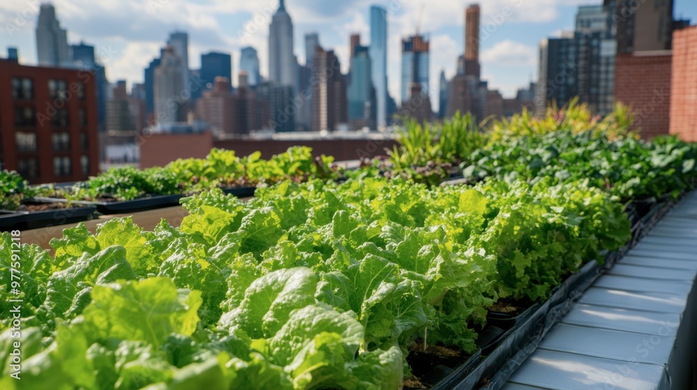 Fototapeta premium A vibrant green salad hydroponic setup on a rooftop garden, with a city skyline in the background.
